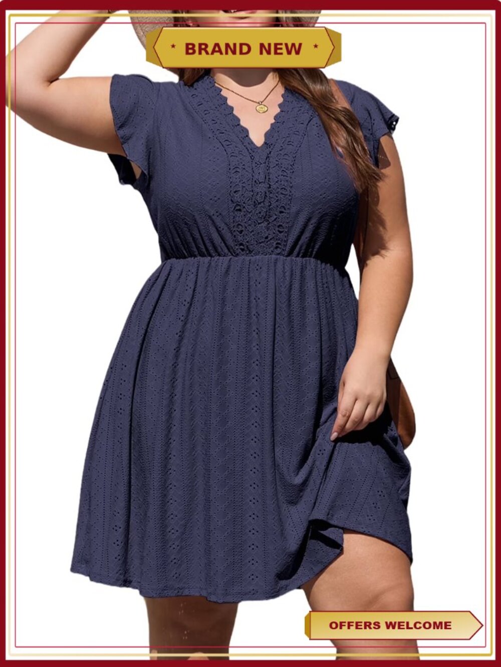 Plus Size Lace V Neck Ruffle Cap Sleeve Embroidery A Line Dress